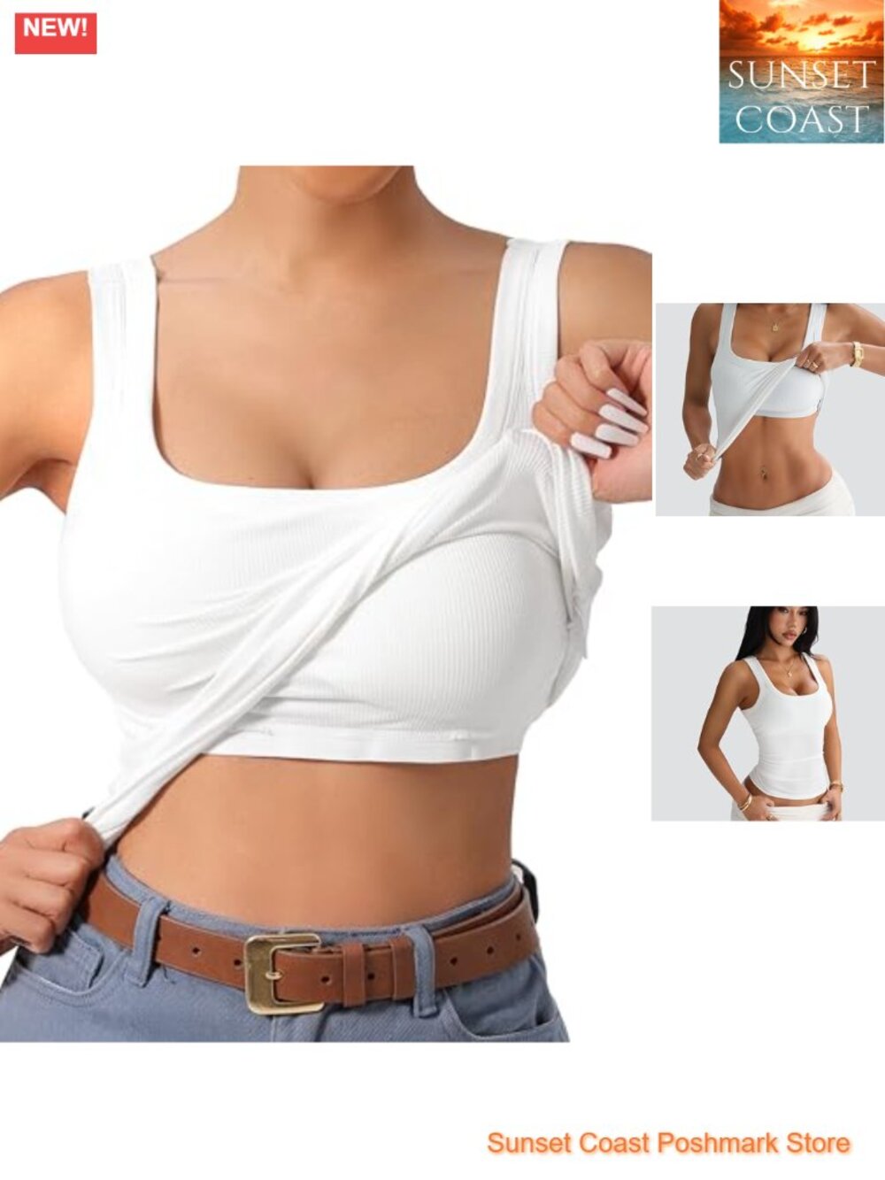 Women's U-Back Tank Top with Built-In Removable Pads RIBBED